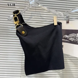 VGH Solid Autumn Tank Top For Women Diagonal Collar Off One Shoulder Patchwork Metal Buckle Sexy Streetwear Vest Female Clothes