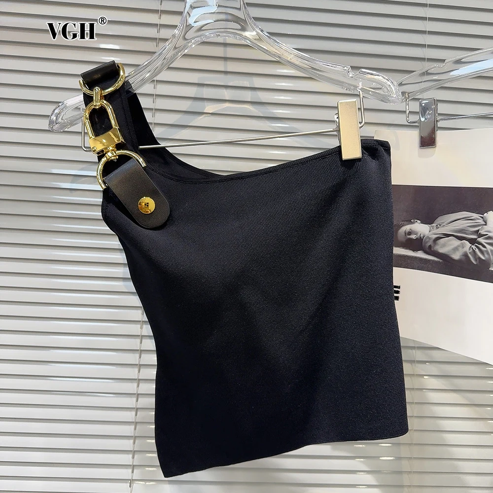 VGH Solid Autumn Tank Top For Women Diagonal Collar Off One Shoulder Patchwork Metal Buckle Sexy Streetwear Vest Female Clothes