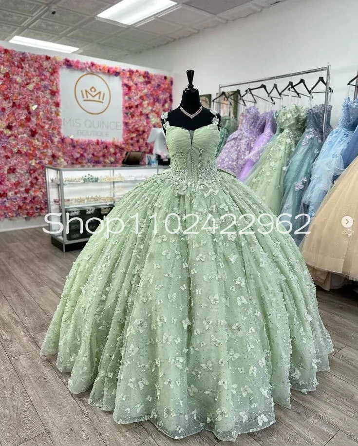 Vestidos de princesa esparguete verde menta, Luxo espartilho borboleta frisada desoposa, Prom Sweet 16 vestidos, Quinceanera, 15 anos