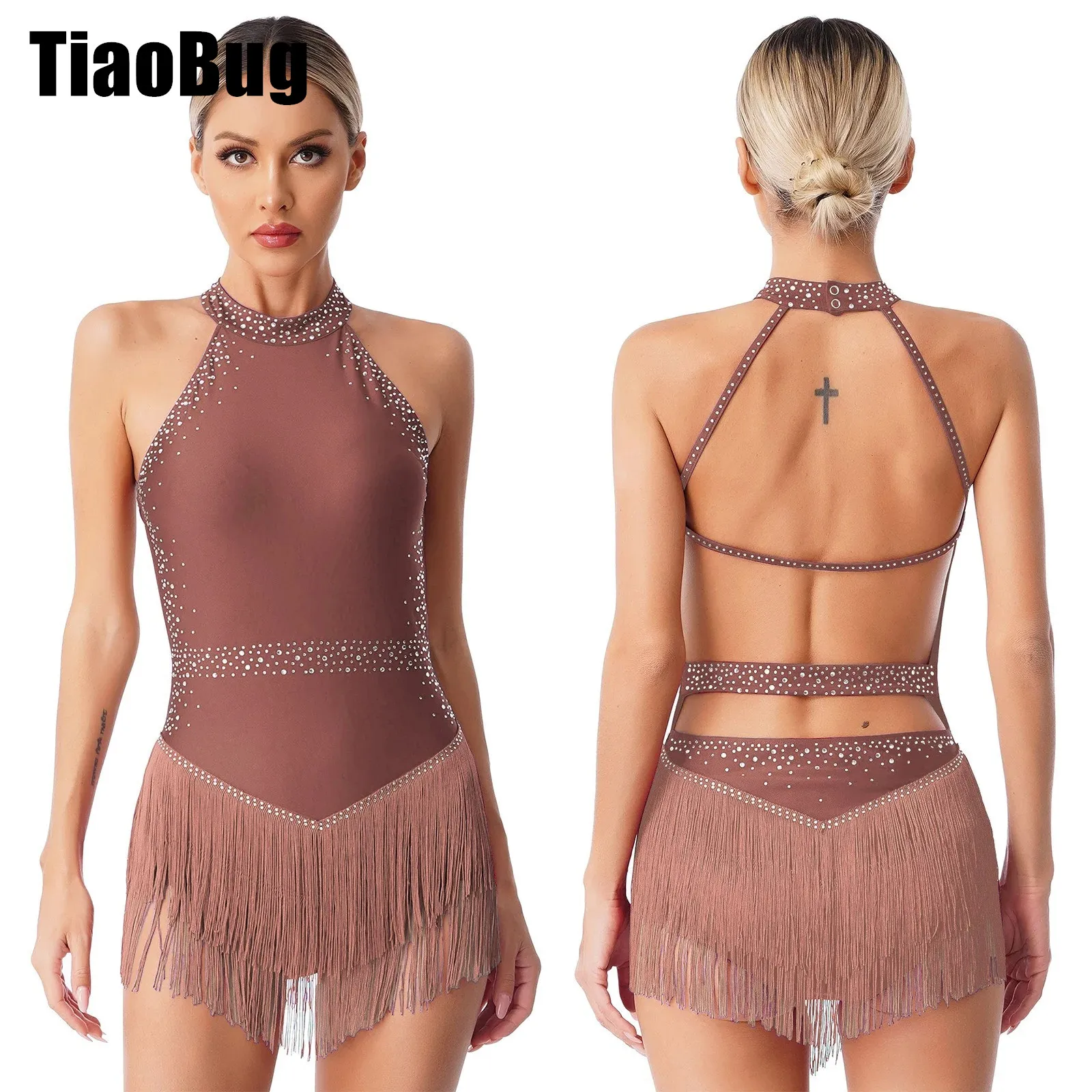 

Womens Latin Tango Dance Leotard Shiny Rhinestones Halter Backless Fringe Tassel Bodysuit Ballroom Latin Salsa Costume