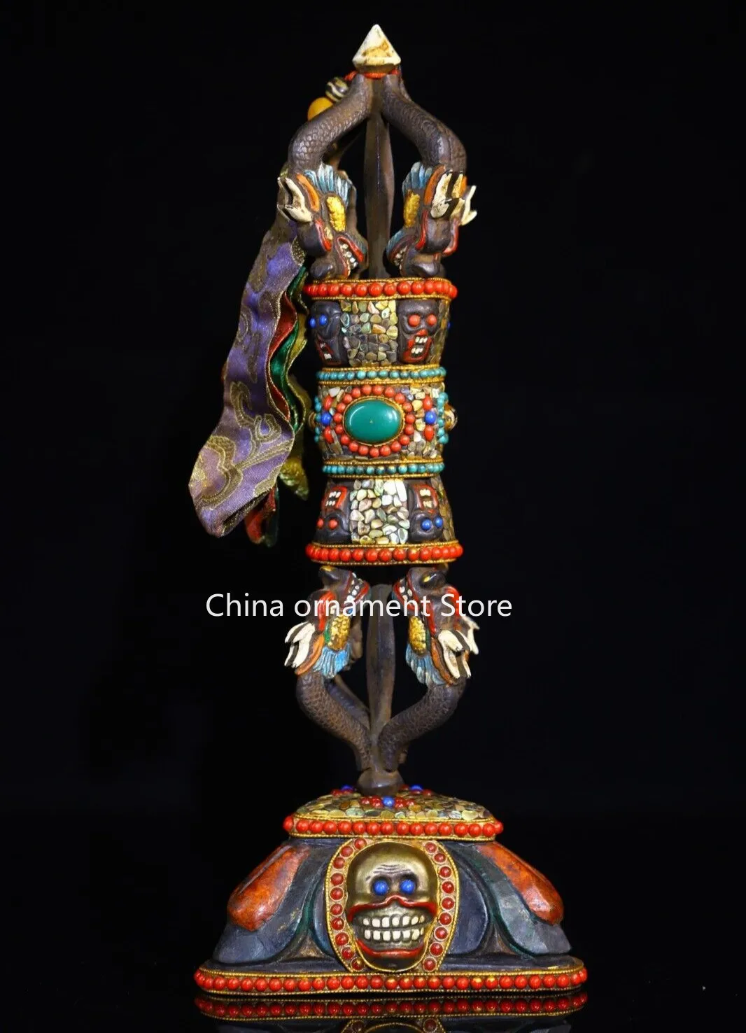 Old Tibet bronze Gilt Skull Head  Trident Exorcism Holder Faqi Statue TQA
