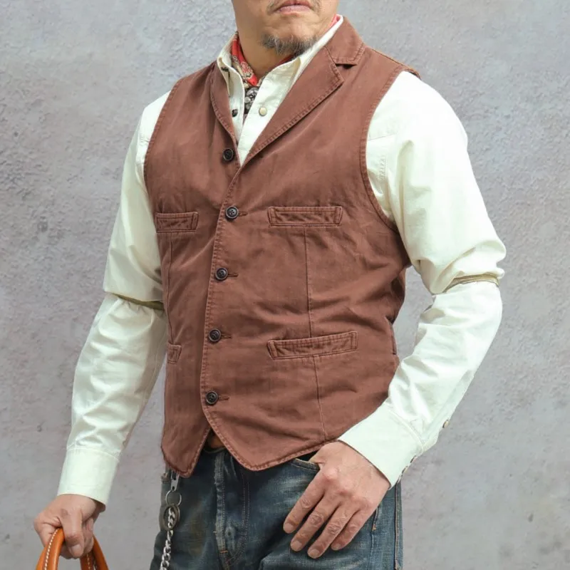 Amekaji Cotton Herringbone Pattern Brick Red Suit Collar Vest Fit American Style Kaji Retro