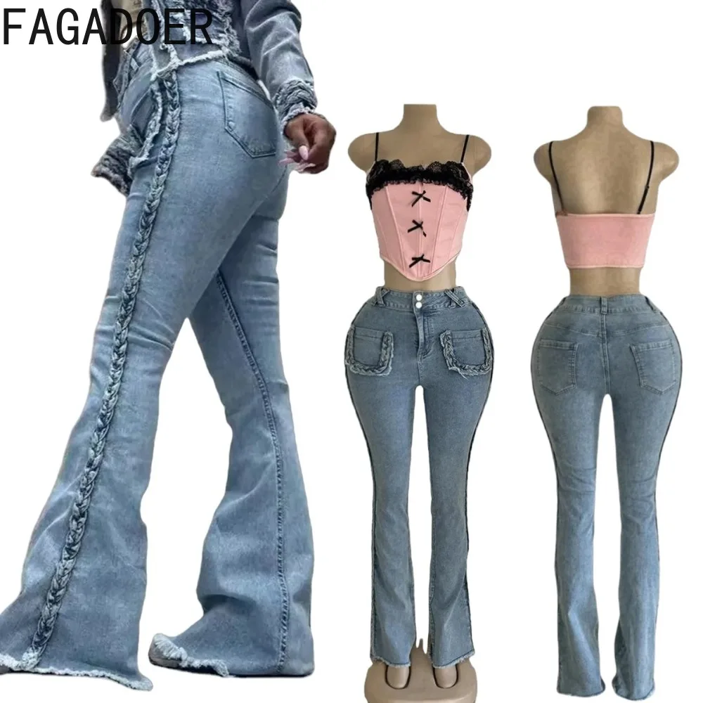 FAGADOER Fashion Denim Pants Women Y2k Streetwear Side Patchwork Cargo Pocket  High Waist Flare Pants Jeans Autumn Winter New