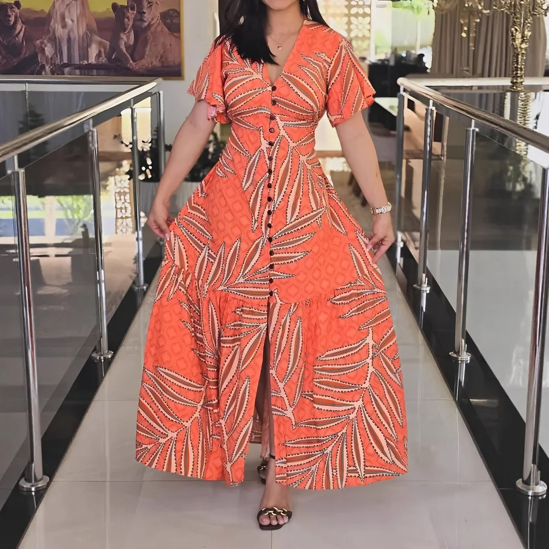 

Dress Women Long Dresses A Line Vestidos Streetwear V Neck Short Sleeve Print Elegant Splice Y2k Work Slim Fit High Waist 2025