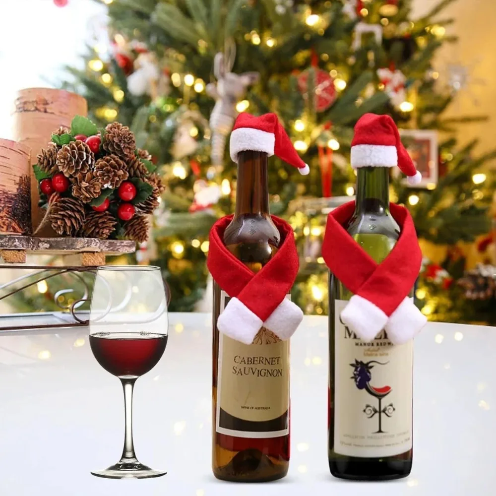 Funda navideña para botella de vino, Mini bufanda roja de Papá Noel y sombrero, regalo para botella de vino para árbol de Navidad, decoración de mesa para fiesta de Navidad