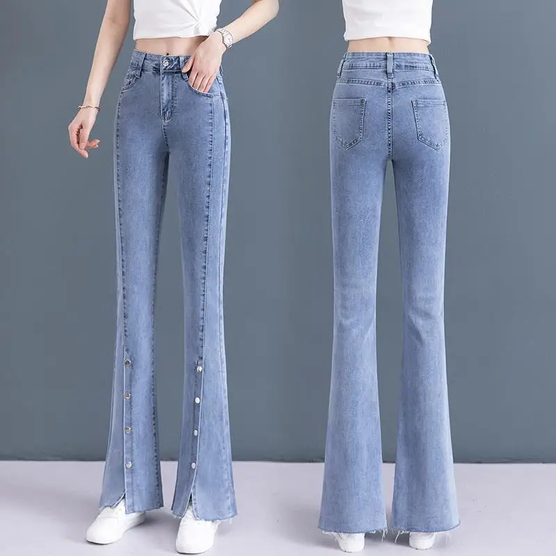 Stretch Women Flare Jeans Streetwear Vintage Button Split High Waist Denim Trousers Oversized Straight Pant Korean Pantalones