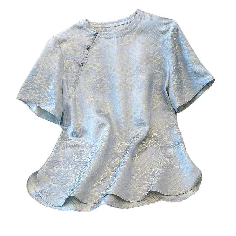 

Chinese Style Women's Blouses Printed Vintage Shirts Fashion Loose Summer Clothes O-neck Short Sleeved Satin Women Tops