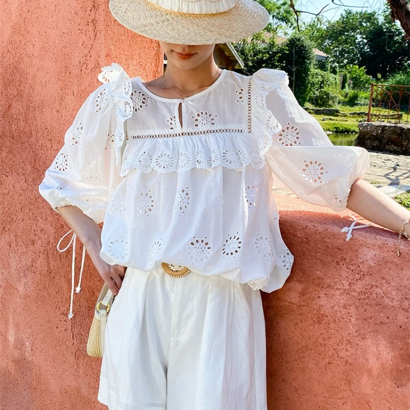 

White Lace Ruffle Two Piece Set Embroidered Top & Midi Skirt Boho Matching Outfit for Women Summer Beach Vacation
