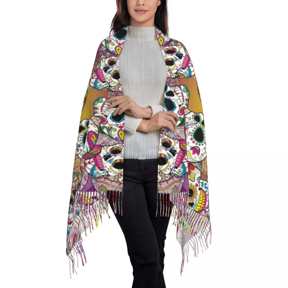 Personalized Print Mexican Sugar Skulls Day Of The Dead Scarf Men Women Winter Warm Scarves Halloween Catholic Shawls Wraps