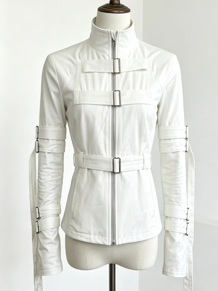Y2K Retro Stand Collar Buckle Strap Jacket High Street Slim Fit Long Sleeve Outerwear Punk Bandage Wear Overcoat Fashion New