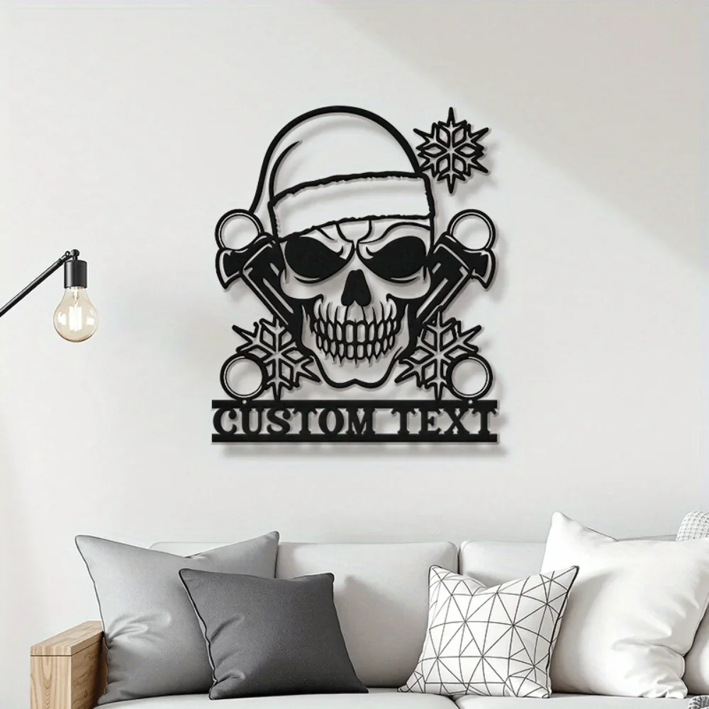 Home Decor,Unique Edgy Custom Skull with Santa Hat Metal Wall Decoration Industrial Punk Aesthetic Monochrome Line Art for Garag