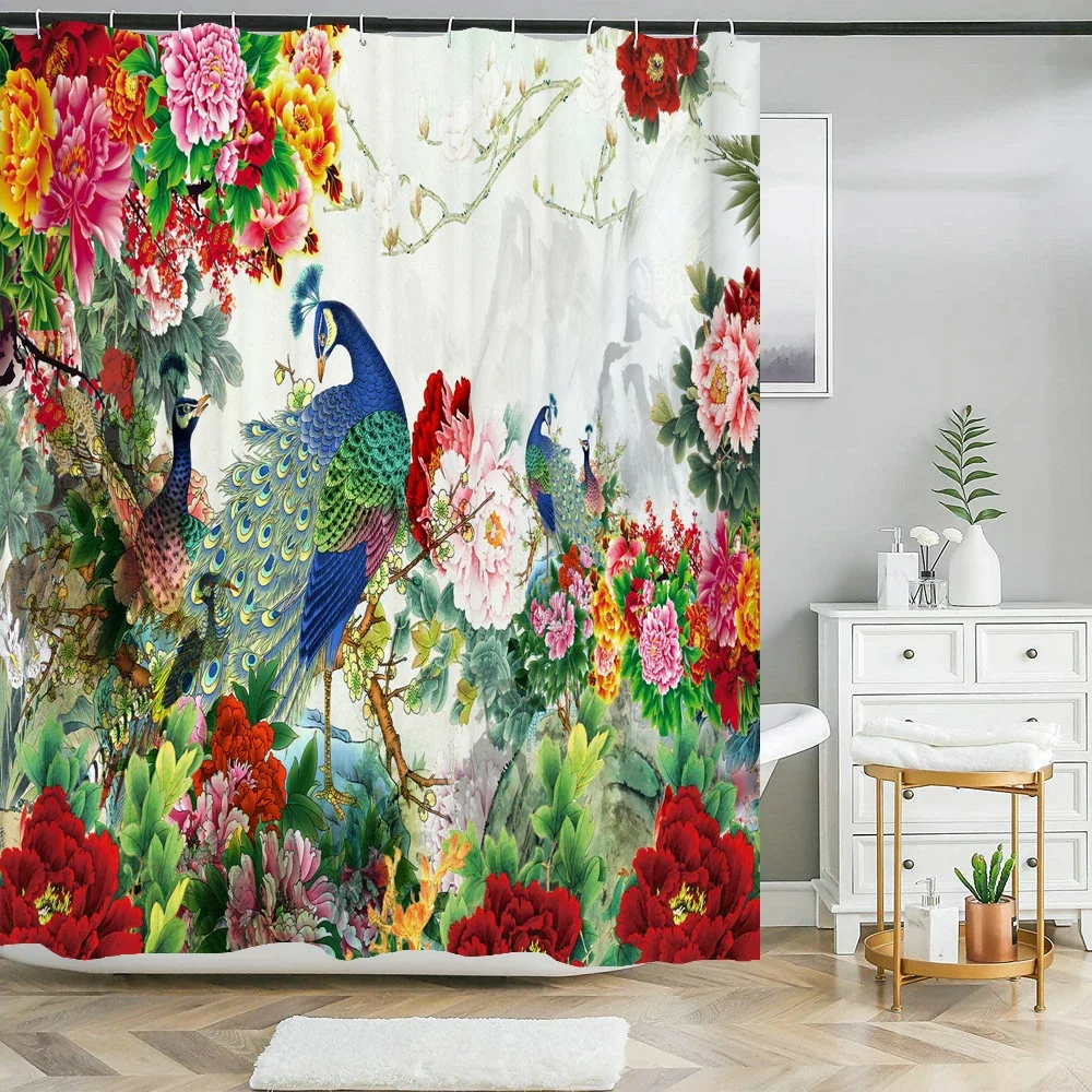 3d Printing Chinese Flower Bird Ink landscape Shower Curtain Bathroom Waterproof Bath Curtain With Hooks Washable Cloth Decor