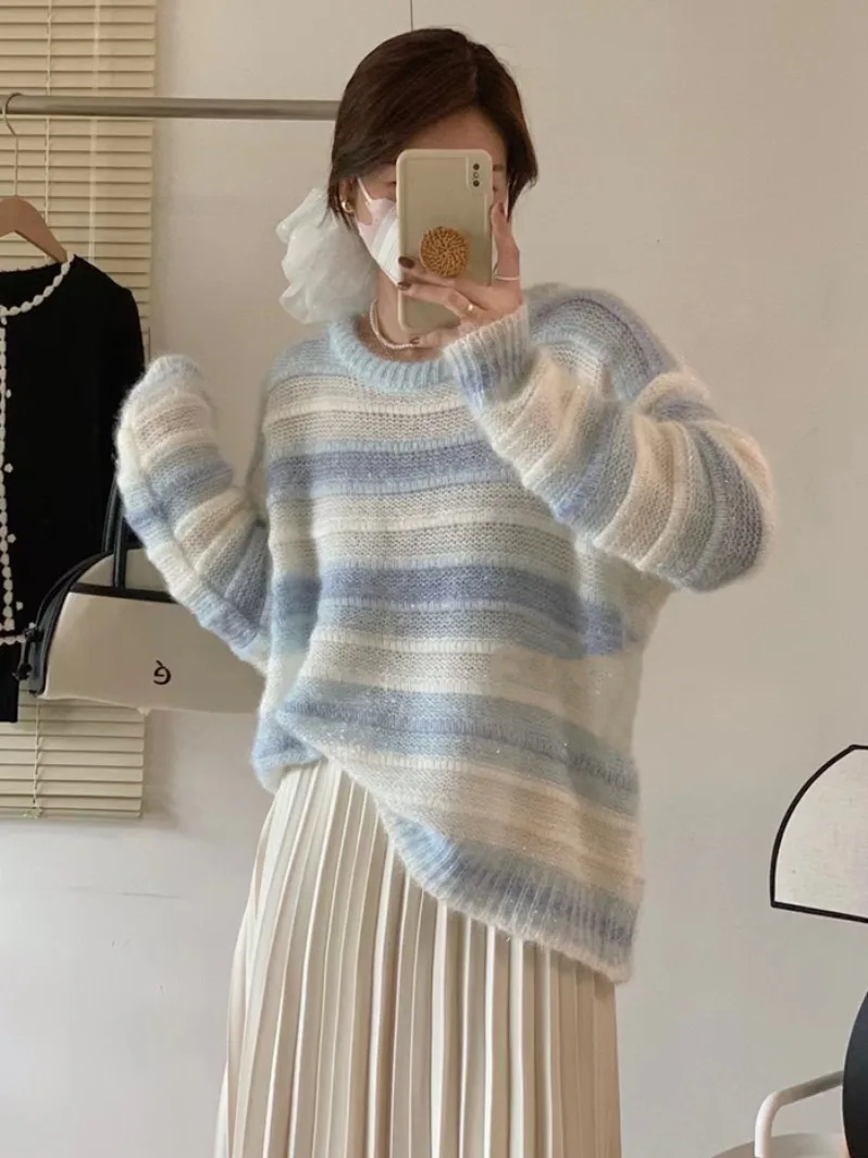 

Синий вязаный свитер, модный дизайн, универсальный корейский Sle, ранняя осень, новый женский модный маленький дизайнерский свитер