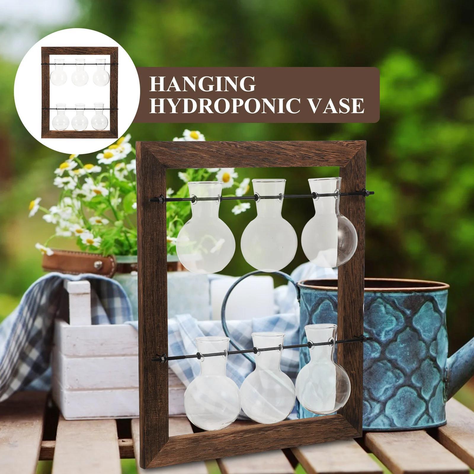 

1Set Wall Hanging Glass Flowerpot Double-Layer Hydroponic Planter Indoor Home Decor Nordic Style Wooden Glass Hanging Flowerpot