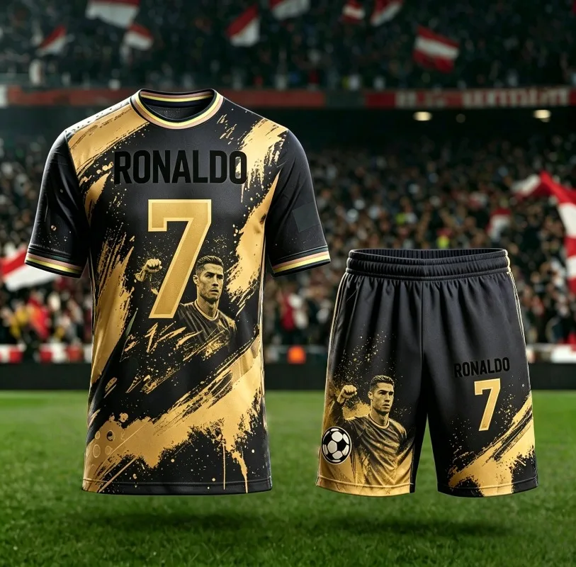 2026 Summer New # 7 Cristiano Ronaldo Short Sleeved AI Yellow Red Football Shirt Adult Children Fashion Casual Large Sports Set