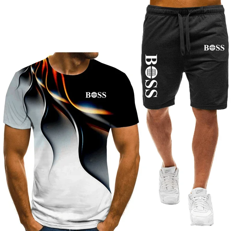 Men\'s T-shirt and shorts set, running fashion printed short sleeved sports T-shirt, summer 2024