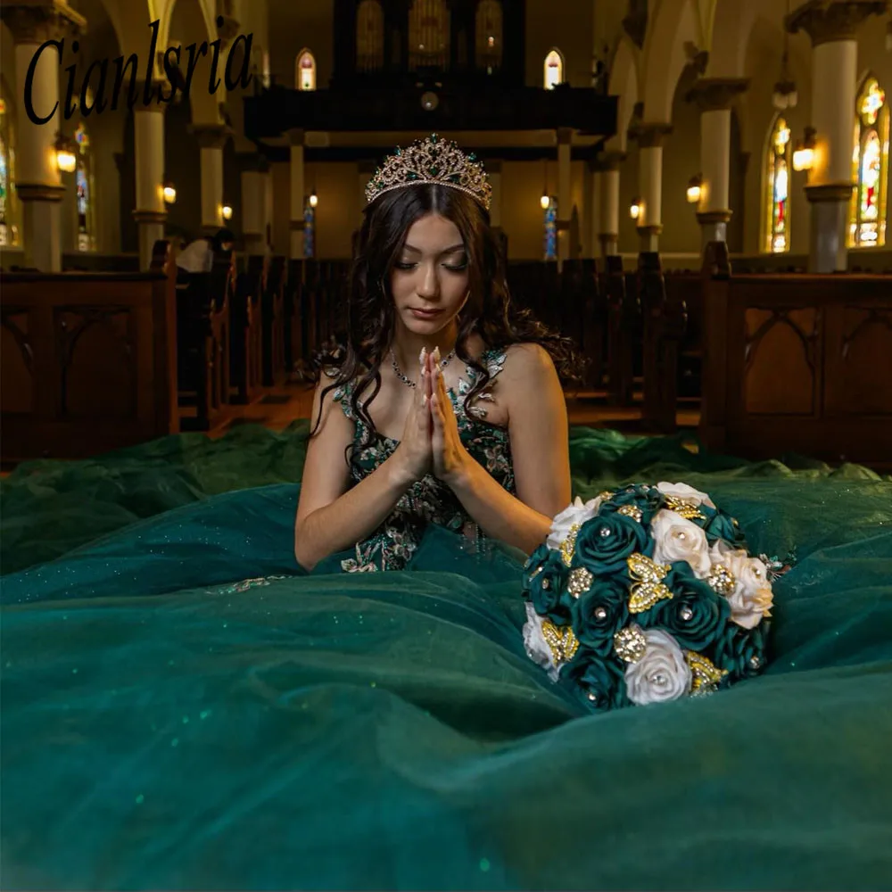 Vestidos Quinceanera com cintas florais de renda, vestido de baile verde escuro, vestido de baile de tule, 16 meninas doces