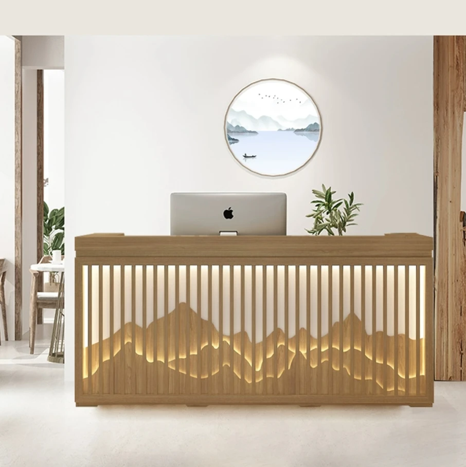 I Shape Club Cashier Beauty Salon Office Restaurant Bar Front Counter Solid Wood Reception Desk With Led Light