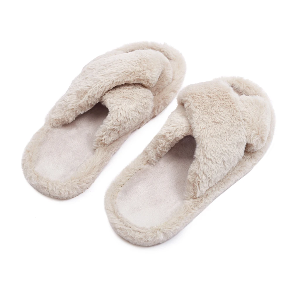 Winter Women Home Indoor Grey Casual Slippers Female Fluffy Shoes Cross Design Slides Ladies Soft Warm Plush Slipper