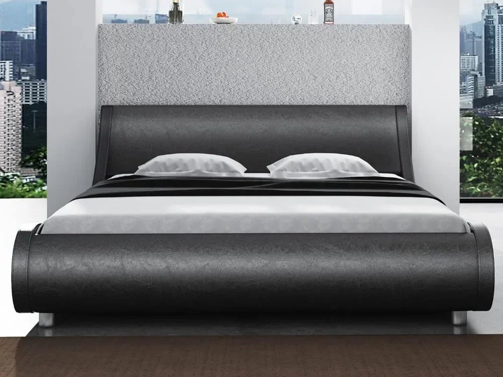 

For Modern Low Profile Platform Bed Frame Queen Size, Stylish Faux Leather Upholstered Sleigh