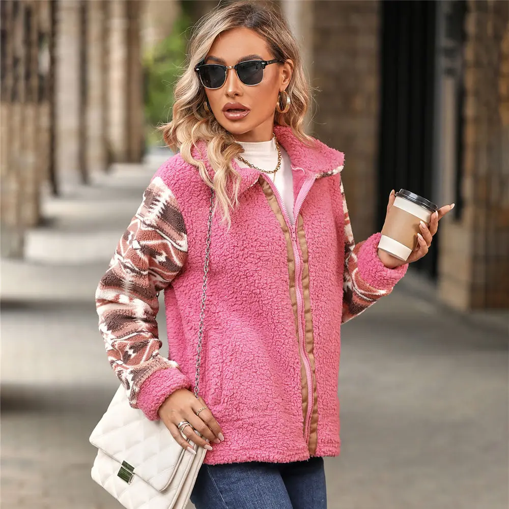 2023 Christmas Teddy Sweater Women Sherpa Fleece Cardigan Puffy Zipper Jacket Winter Ethnic Fluffy Sweaters