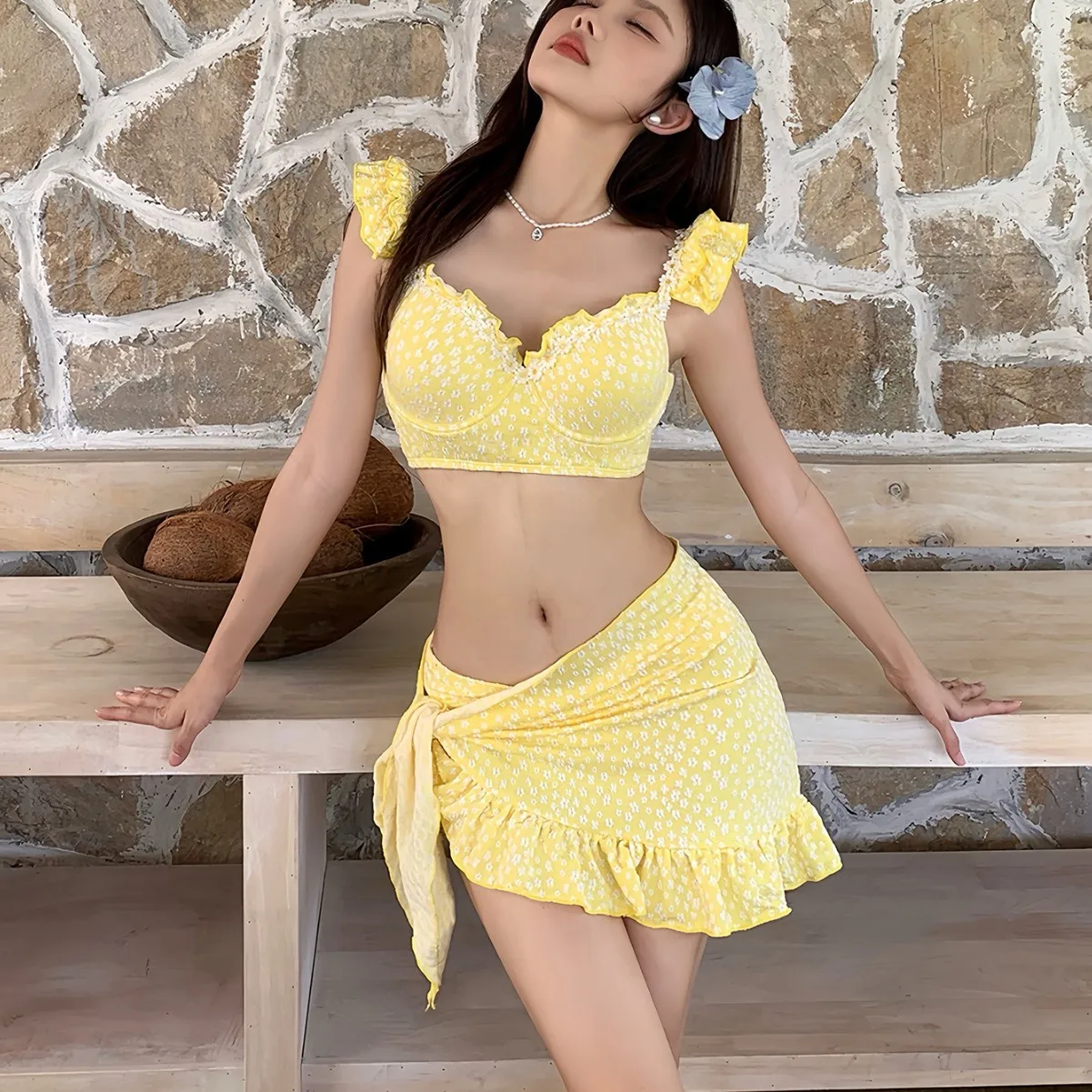 2026年 レディース スリム フローラル スクエアカラー 3点セット ビーチ バケーション 水着 ハイウエスト 水着 カバーアップ付き