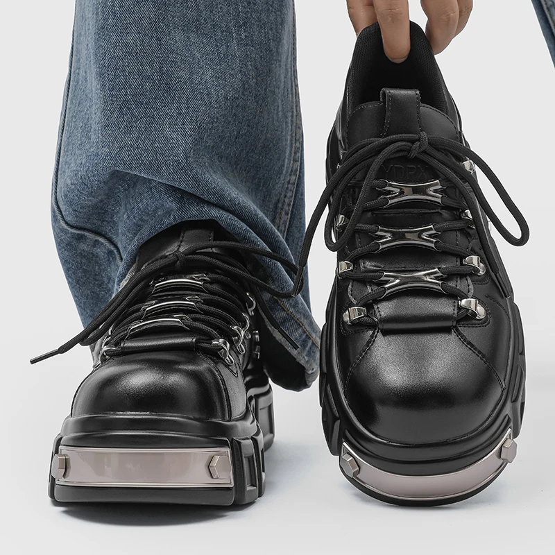 

Four-season Men Height-increasing Casual Leather Shoes Black Color Punk-style Men Thick-soled Durable Fashionable Derby Shoes
