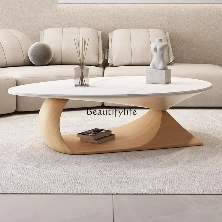 طاولة قهوة مستديرة كريمية بسيطة وحديثة على شكل خاص من الخشب الصلب لغرفة المعيشة طاولة قهوة فاخرة من ألواح الروك #5