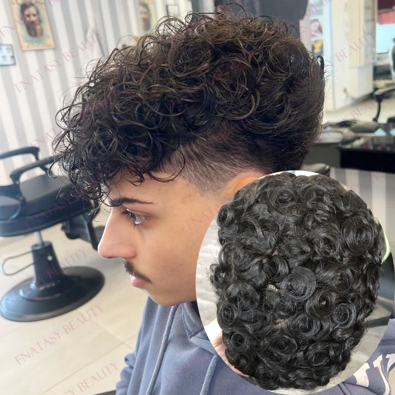 Super Durable 20mm Natural Curly Human Hair Afro Black Man's Human Hair Wigs Replacement Grey Brown 0.1mm Skin Base Men Toupee