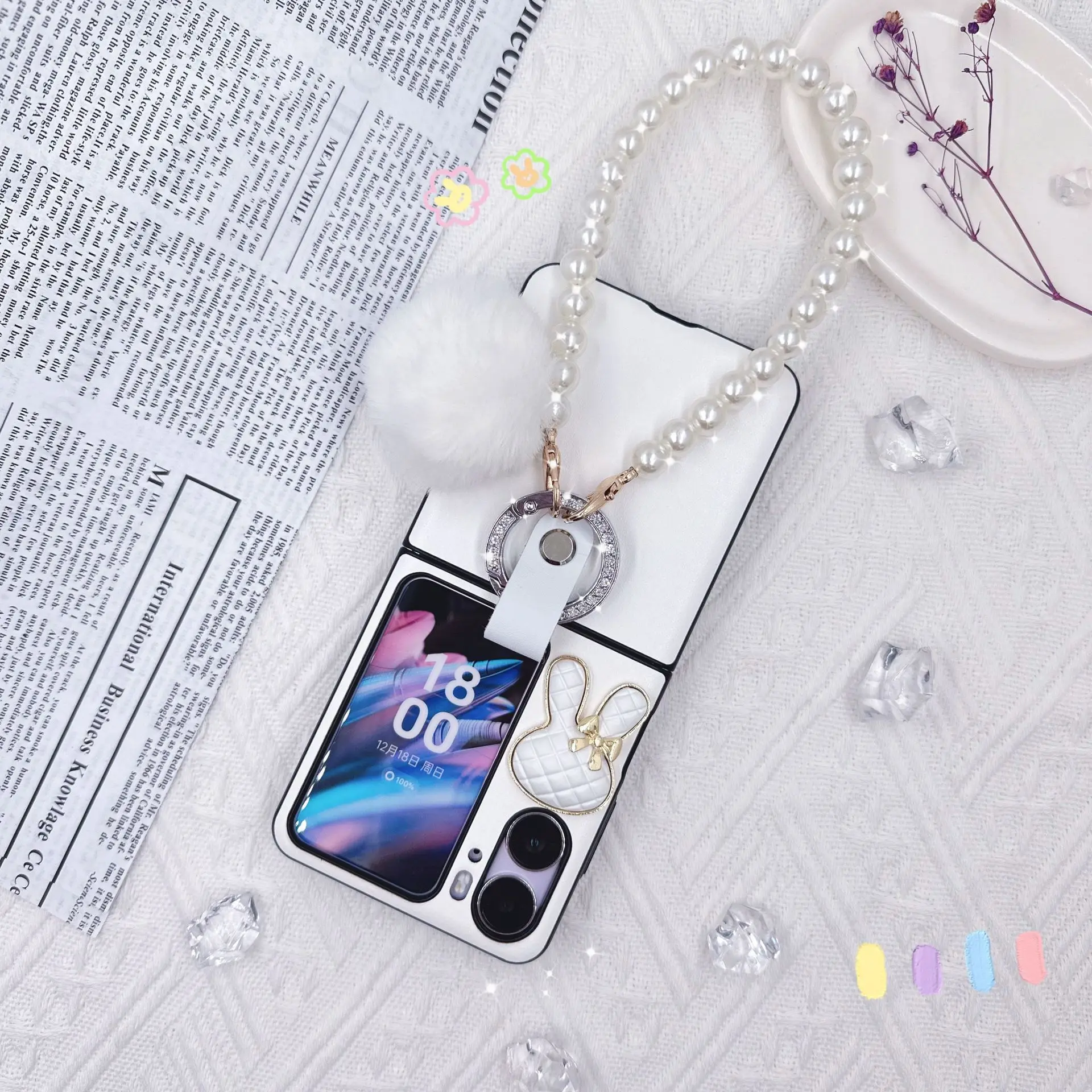 For OPPO Find N2 Flip DIY White Plaid Rabbit Silver Fur Ball Pearl Bracelet Ring Clasp Shockproof Hard Mobile Phone Case Cover