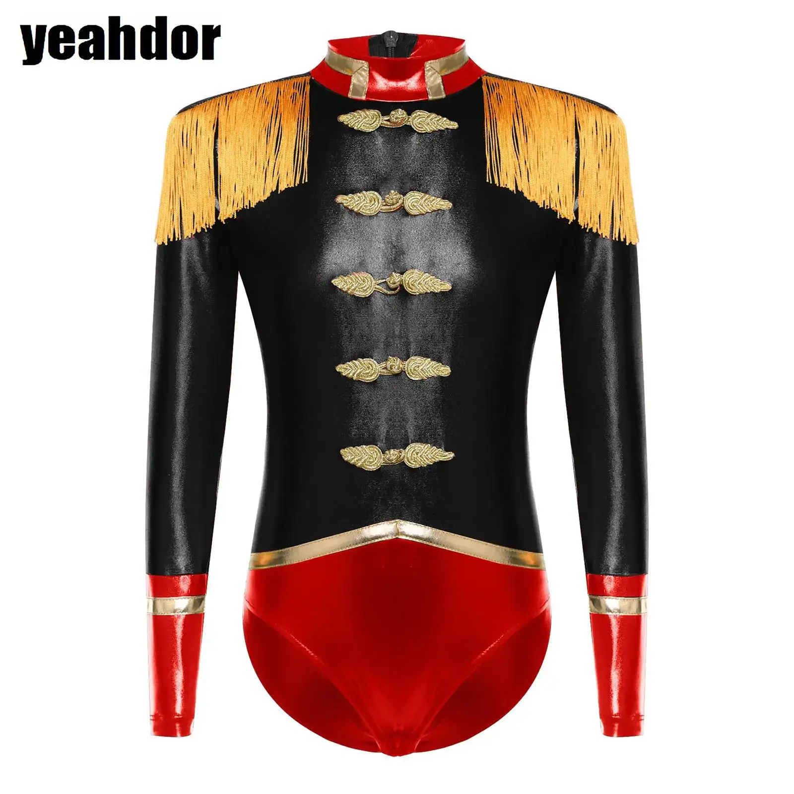 

Girls Circus Ringmaster Cosplay Costume Metallic Shiny Ringmaster Fringed Bodysuit Long Sleeve Tassel Epaulets Leotard Jumpsuit