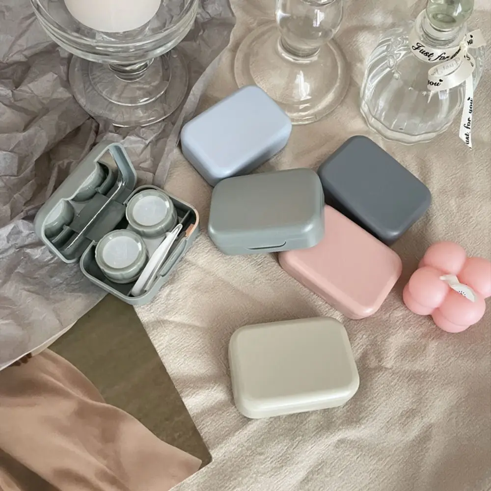 Macaron Color Contact Lens Case Kit Mini Square with Tweezers and Suction Stick Eye Care Storage Box Solid Color with Mirror