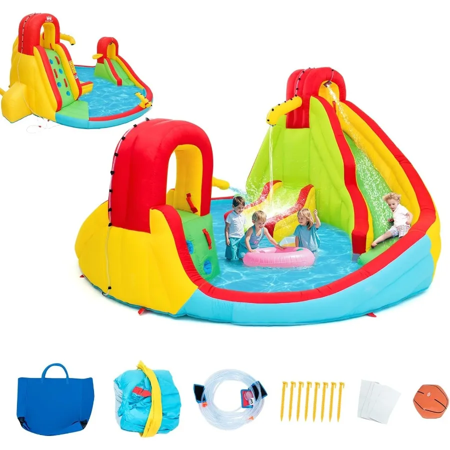 7 in 1 에어바운스 워터슬라이드, 슬라이드 2개, 물총 2개, 클라이밍 월, 스플래시 풀, 농구 링 포함, 야외용 에어바운스