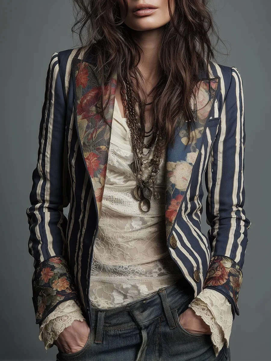 

Vintage Striped Floral Patchwork Blazer Jacket Women Retro Lapel Long Sleeve Slim Fit Suit Coat Bohemian Casual Streetwear 2026