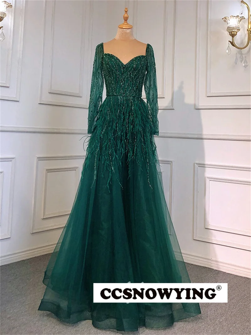 Luxury Tulle Appliques Beaded Feather Evening Dresses Long Sleeve Women Formal Party Gowns Arabic Kaftan Robes De Soirée