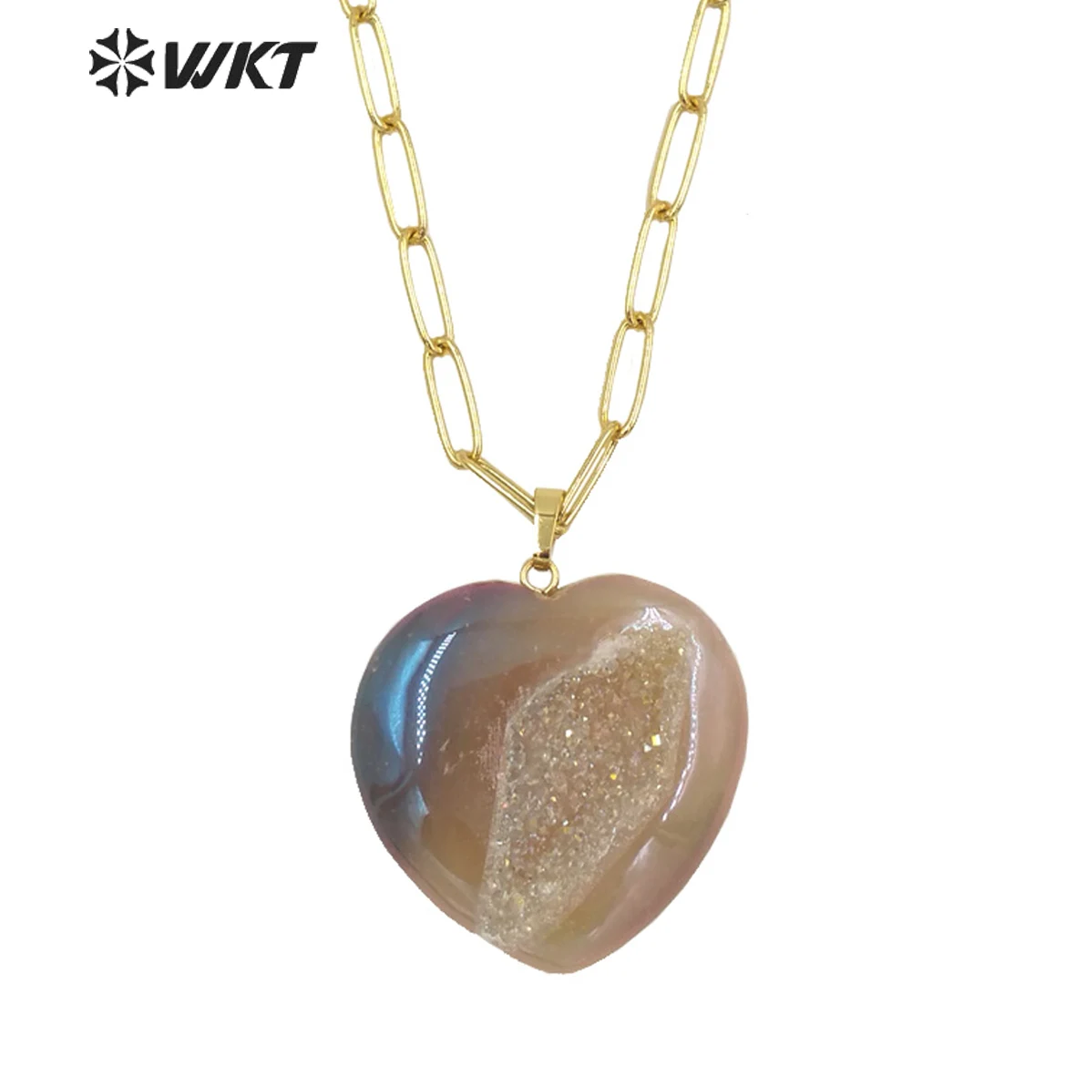 

WT-N1394 Wholesale Fashion Gold Simple Grey Geode Agate Heart Shape Necklace Women Long Link Chain With Druzy For Lover