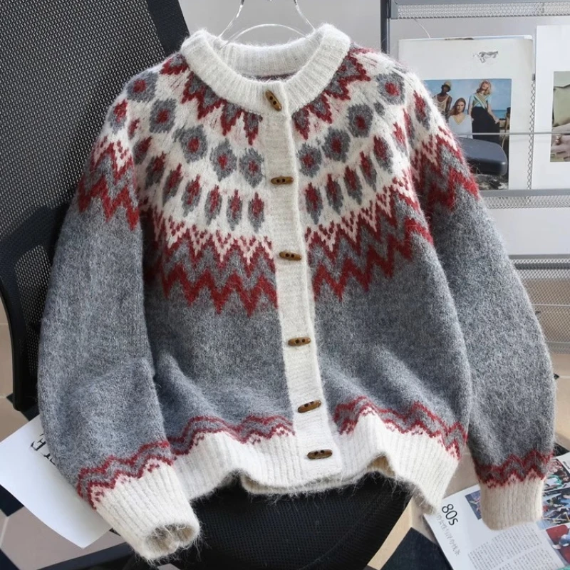 

Fashion Vintage Lazy Style Sweaters Single Breasted Contrast Color O Neck Cardigan Casual Loose Knit Tops 2025 Women Clothing