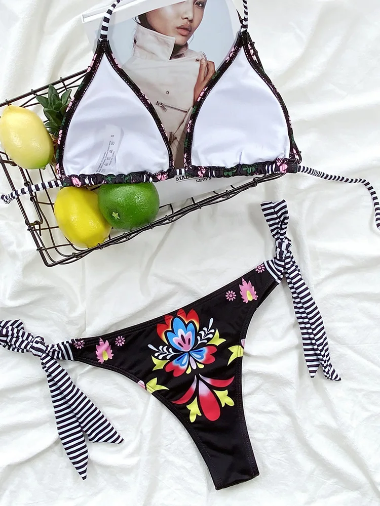 Summer New Colorful Floral Printed Swimsuit 2024 Trend Bikini Sets Women Black Halter Sexy Swimwear