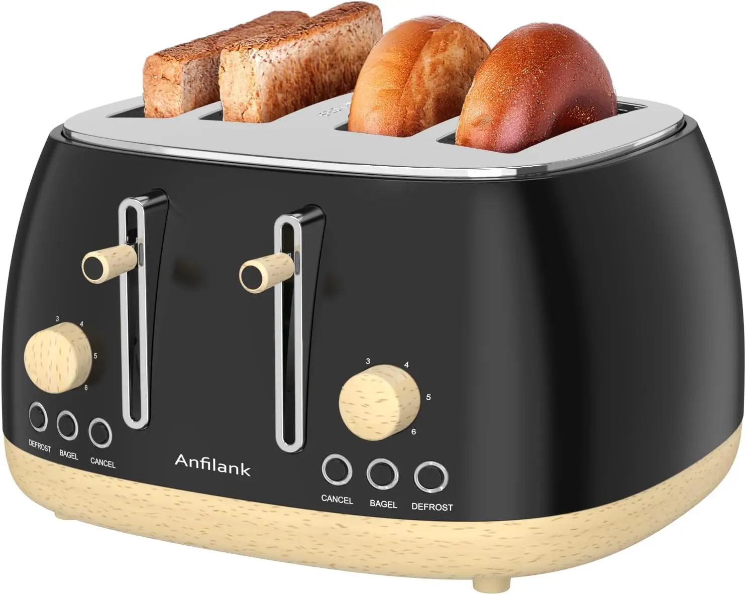 4-Slice Retro Stainless Steel Toaster with Extra-Wide Slots, Dual Independent Control Panels, Cancel, Bagel and Defrost Functions, Removable Crumb Tray, Matte Black