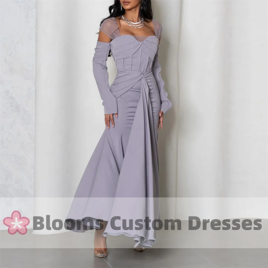 

Blooms Charming Crepe Sweetheart Long Sleeves Prom Dress Pleated Mermaid Party Gown Elegant Evening Dresses Formal Dress