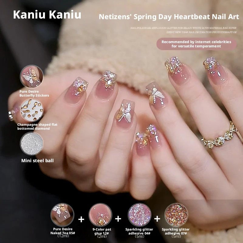 Kaniu 2ml/5ml Nagellack Netizens' Spring Day Heartbeat Nagelkunst-Kleber Schmetterlingsaufkleber mit Diamant-Glitzer