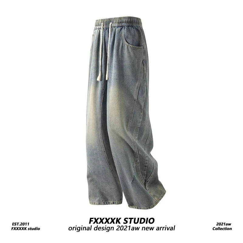 

Мужские джинсы FXK в американском стиле, прямые широкие брюки с эффектом потертости, модные осенние, брендовые, винтажные, с пэчворком