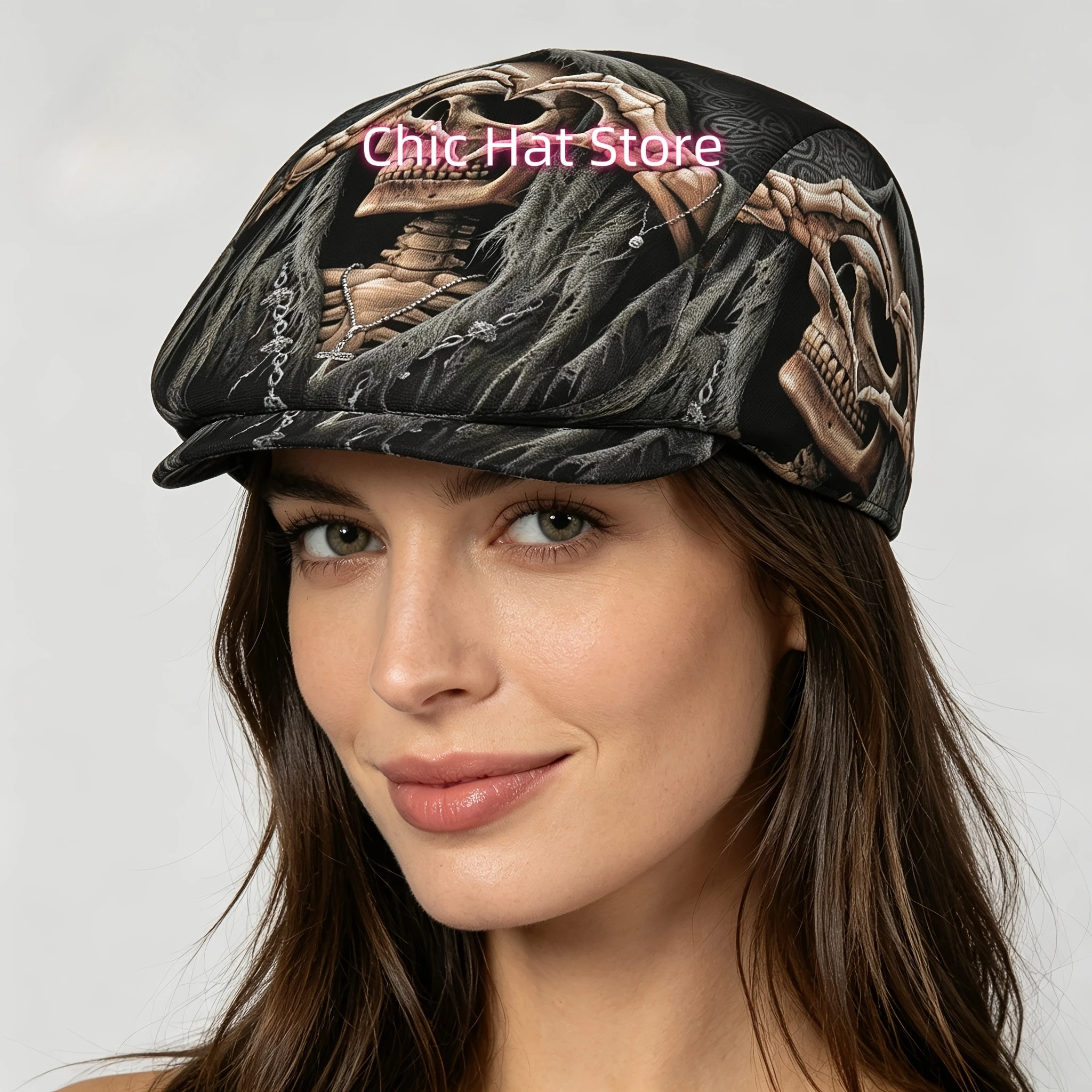 1pc Love Grim Reaper All-over Print Flat-top Hats for Men and Women, Newsboy Caps, Berets, Irish Hats, Driver Caps,  Hats, Paint