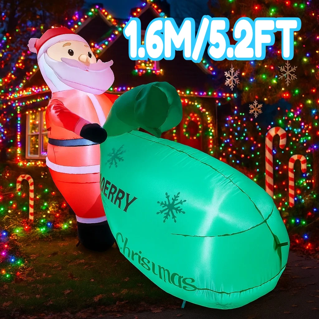 1.6M/5.2FT Inflatable Santa Claus with Merry Christmas Bag Lights LED Home Holiday Lighting Decor Xmas Supplies Outdoor Decor