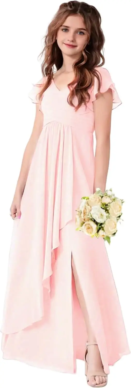 فستان وصيفة العروس للفتيات على شكل حرف a من الشيفون على شكل حرف v وأكمام مكشكشة فستان رسمي لحفلات الزفاف فستان فتاة الزهور