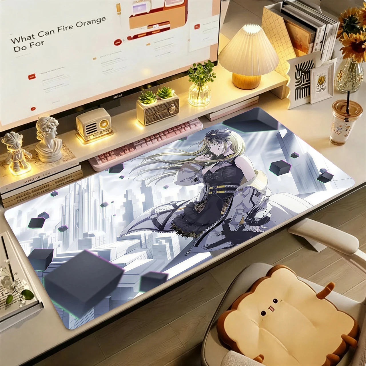 Gaming Mouse Pad,Large Extended Desk Mat,Anti-slip Rubber Base,Stitched Edges,Sci-fi City Cube Silver Short Hair Anime Girls