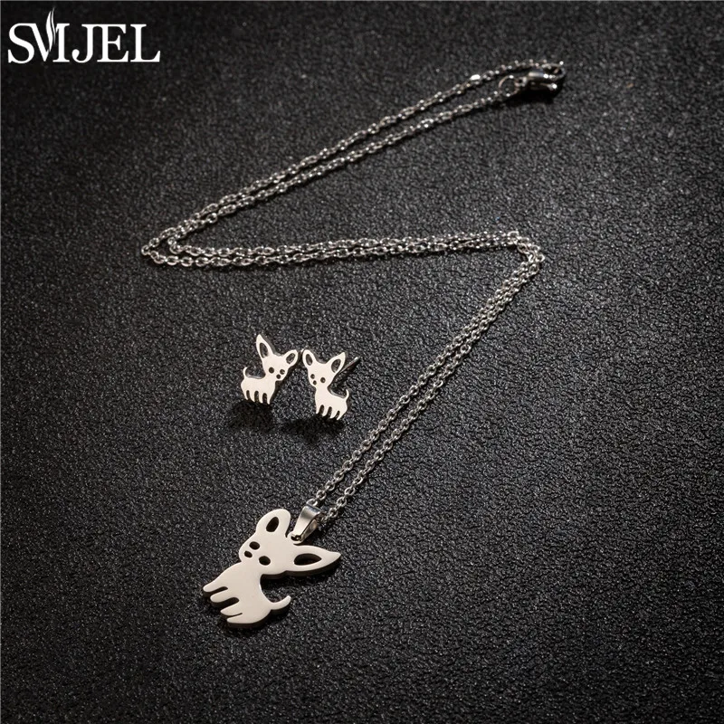 Cartoon Chihuahua Dog Jewelry Sets Fashion Stainless Steel Dog Paw Stud Earrings for Women Girls Birthday Gift Collier Femme