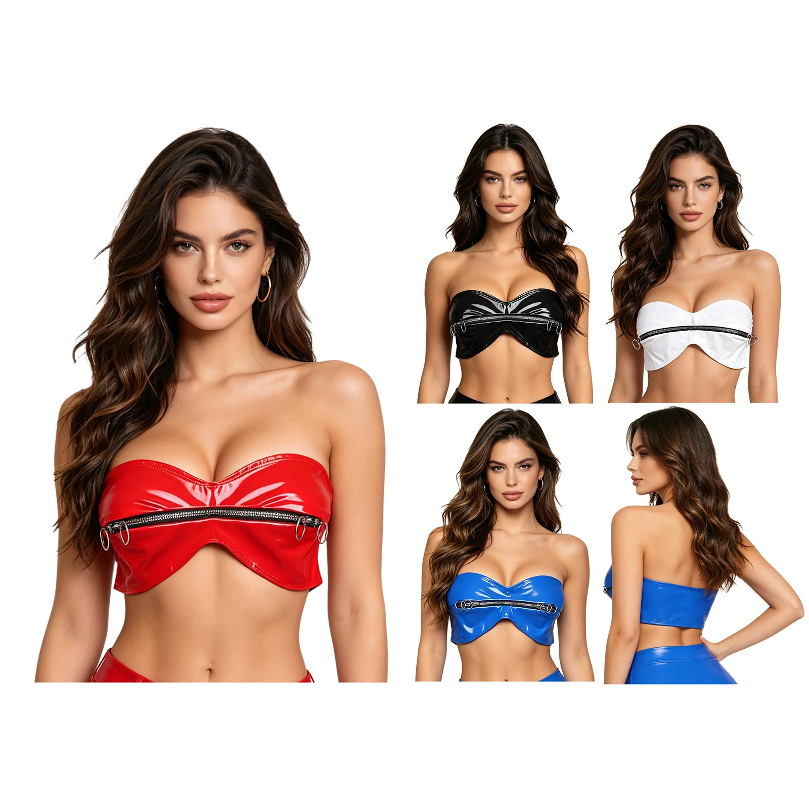 Womens PU Leather Strapless Crop Top Wet Look O-ring Multi-end Zipper Tube Bustier Tops Rave Dance Party Music Festival Clubwear