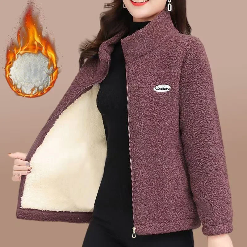 Women's Coat, Autumn and Winter Casual Stand-Collar Fleece Jacket, Warm Tops Available in Multiple Colors