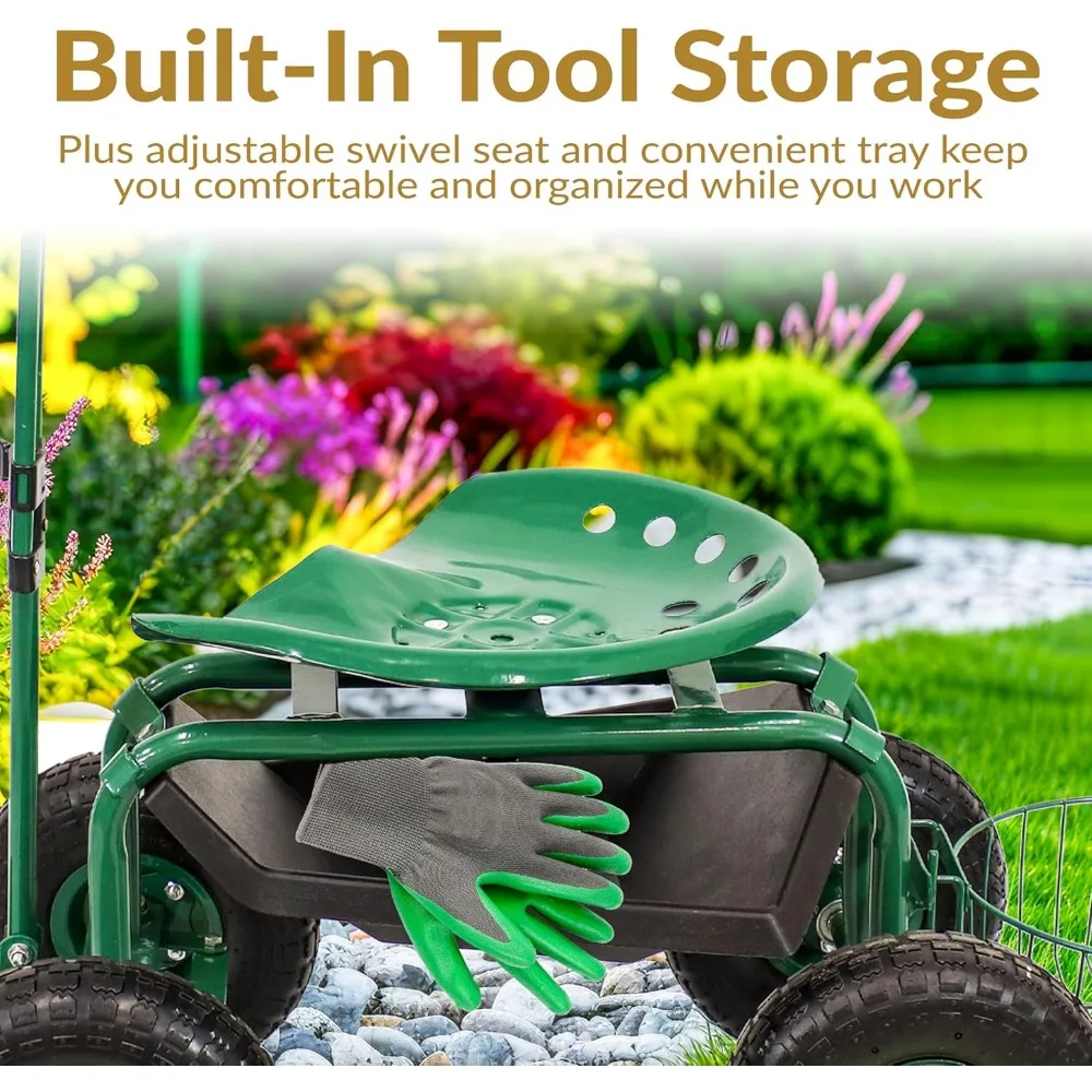 مقعد حديقة دوار بمقبض قابل للتمديد ودوران - مقعد بستنة خارجي محمول على عجلات - أخضر